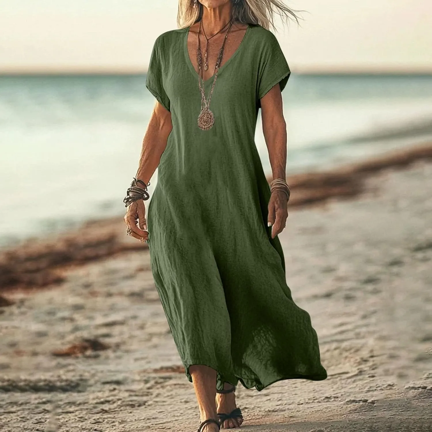 Linen Dresses for Women 2025 Casual Summer Short Sleeve V Neck Cotton Gauze Dress Flowy Vacation Beach Maxi Dress