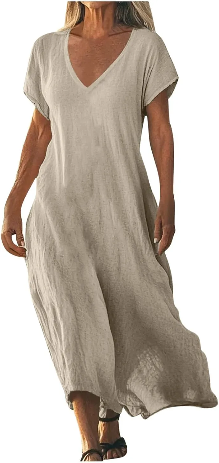 Linen Dresses for Women 2025 Casual Summer Short Sleeve V Neck Cotton Gauze Dress Flowy Vacation Beach Maxi Dress