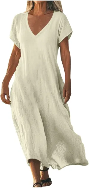 Linen Dresses for Women 2025 Casual Summer Short Sleeve V Neck Cotton Gauze Dress Flowy Vacation Beach Maxi Dress