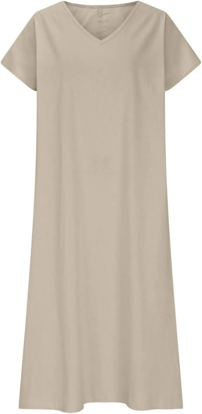 Linen Dresses for Women 2025 Casual Summer Short Sleeve V Neck Cotton Gauze Dress Flowy Vacation Beach Maxi Dress