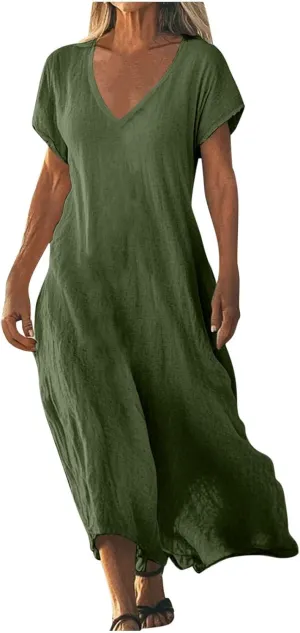 Linen Dresses for Women 2025 Casual Summer Short Sleeve V Neck Cotton Gauze Dress Flowy Vacation Beach Maxi Dress