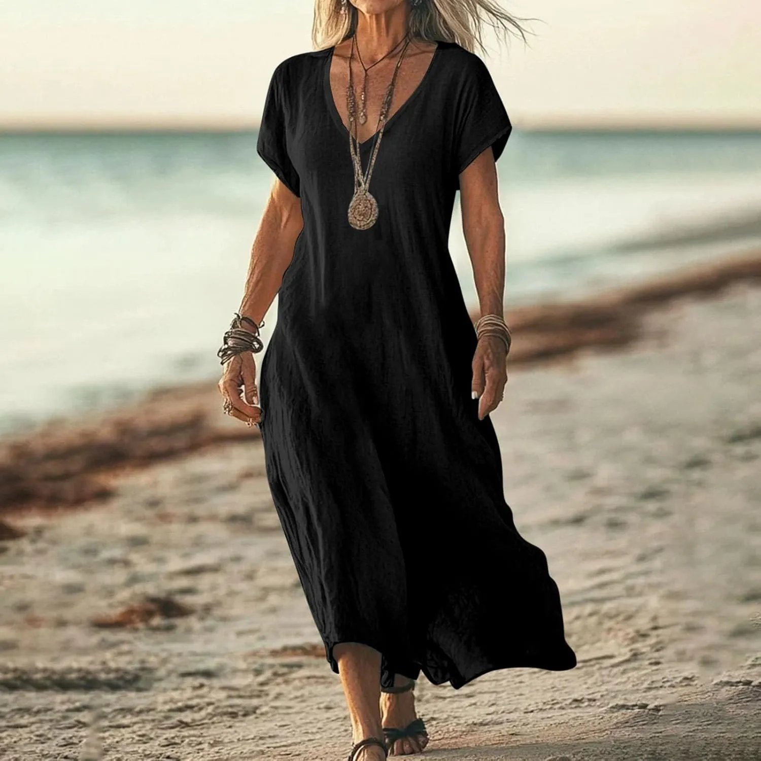Linen Dresses for Women 2025 Casual Summer Short Sleeve V Neck Cotton Gauze Dress Flowy Vacation Beach Maxi Dress