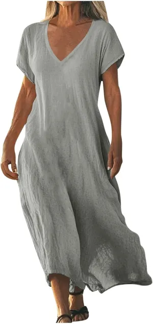 Linen Dresses for Women 2025 Casual Summer Short Sleeve V Neck Cotton Gauze Dress Flowy Vacation Beach Maxi Dress