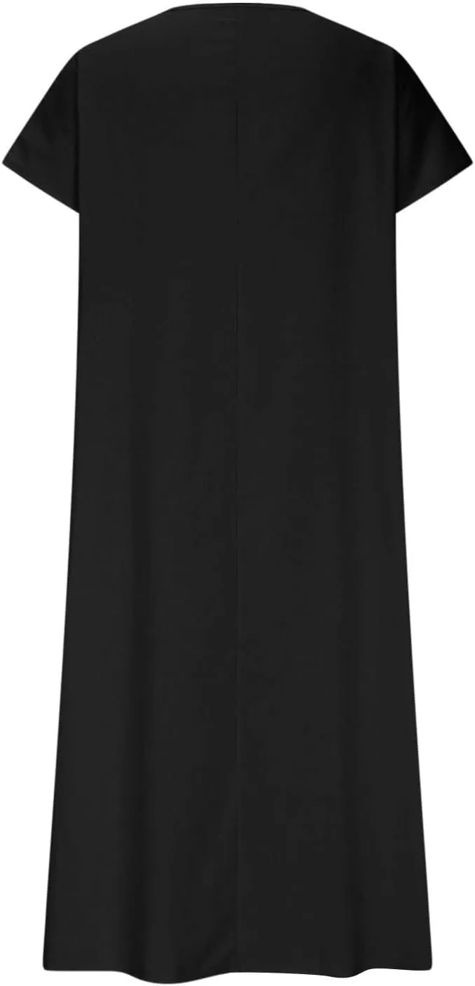 Linen Dresses for Women 2025 Casual Summer Short Sleeve V Neck Cotton Gauze Dress Flowy Vacation Beach Maxi Dress