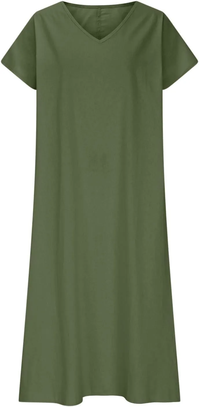 Linen Dresses for Women 2025 Casual Summer Short Sleeve V Neck Cotton Gauze Dress Flowy Vacation Beach Maxi Dress