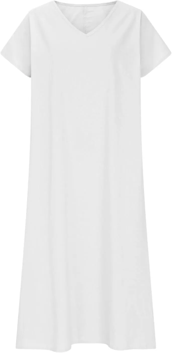 Linen Dresses for Women 2025 Casual Summer Short Sleeve V Neck Cotton Gauze Dress Flowy Vacation Beach Maxi Dress