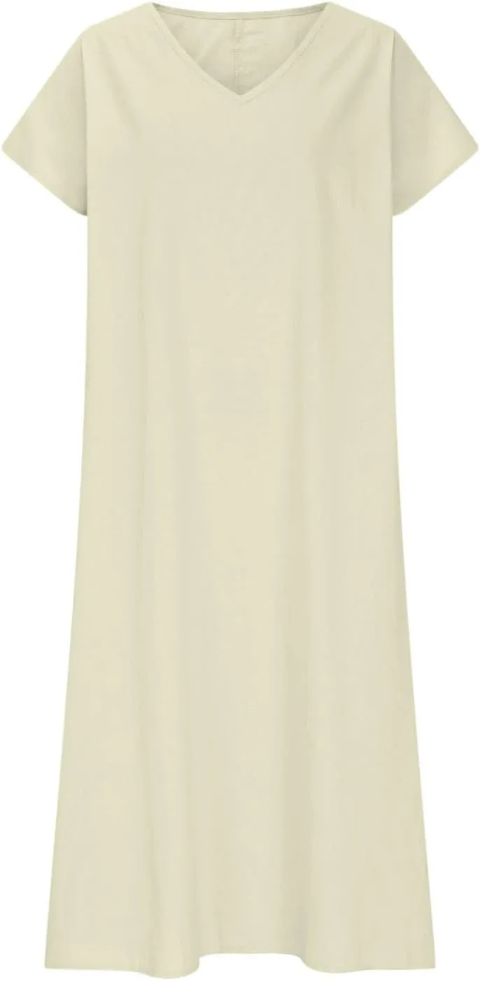 Linen Dresses for Women 2025 Casual Summer Short Sleeve V Neck Cotton Gauze Dress Flowy Vacation Beach Maxi Dress
