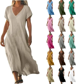 Linen Dresses for Women 2025 Casual Summer Short Sleeve V Neck Cotton Gauze Dress Flowy Vacation Beach Maxi Dress