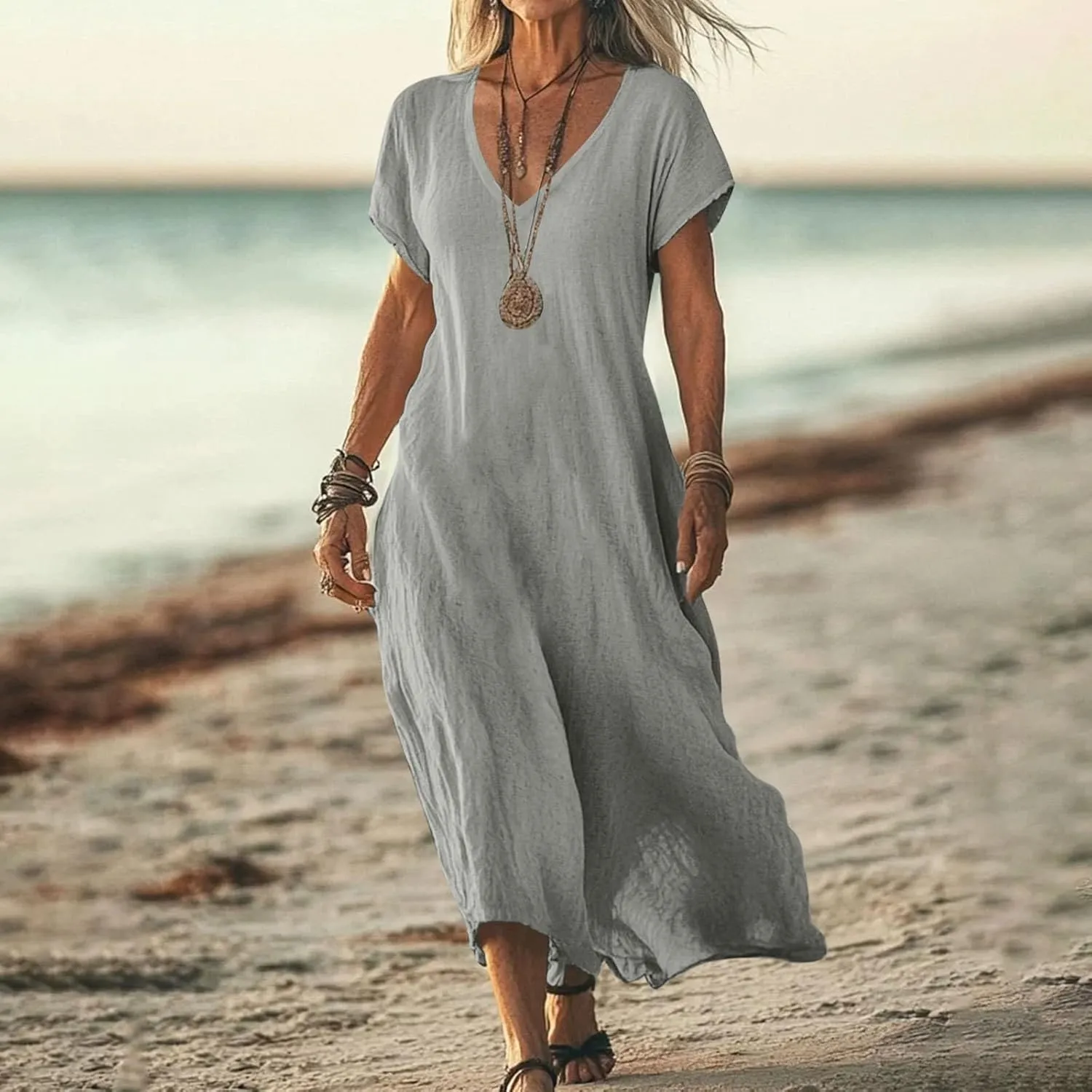 Linen Dresses for Women 2025 Casual Summer Short Sleeve V Neck Cotton Gauze Dress Flowy Vacation Beach Maxi Dress