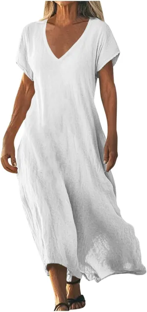 Linen Dresses for Women 2025 Casual Summer Short Sleeve V Neck Cotton Gauze Dress Flowy Vacation Beach Maxi Dress