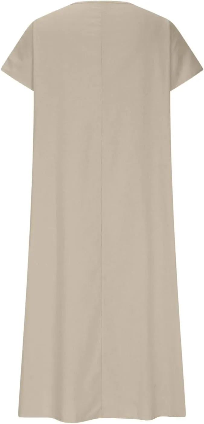 Linen Dresses for Women 2025 Casual Summer Short Sleeve V Neck Cotton Gauze Dress Flowy Vacation Beach Maxi Dress