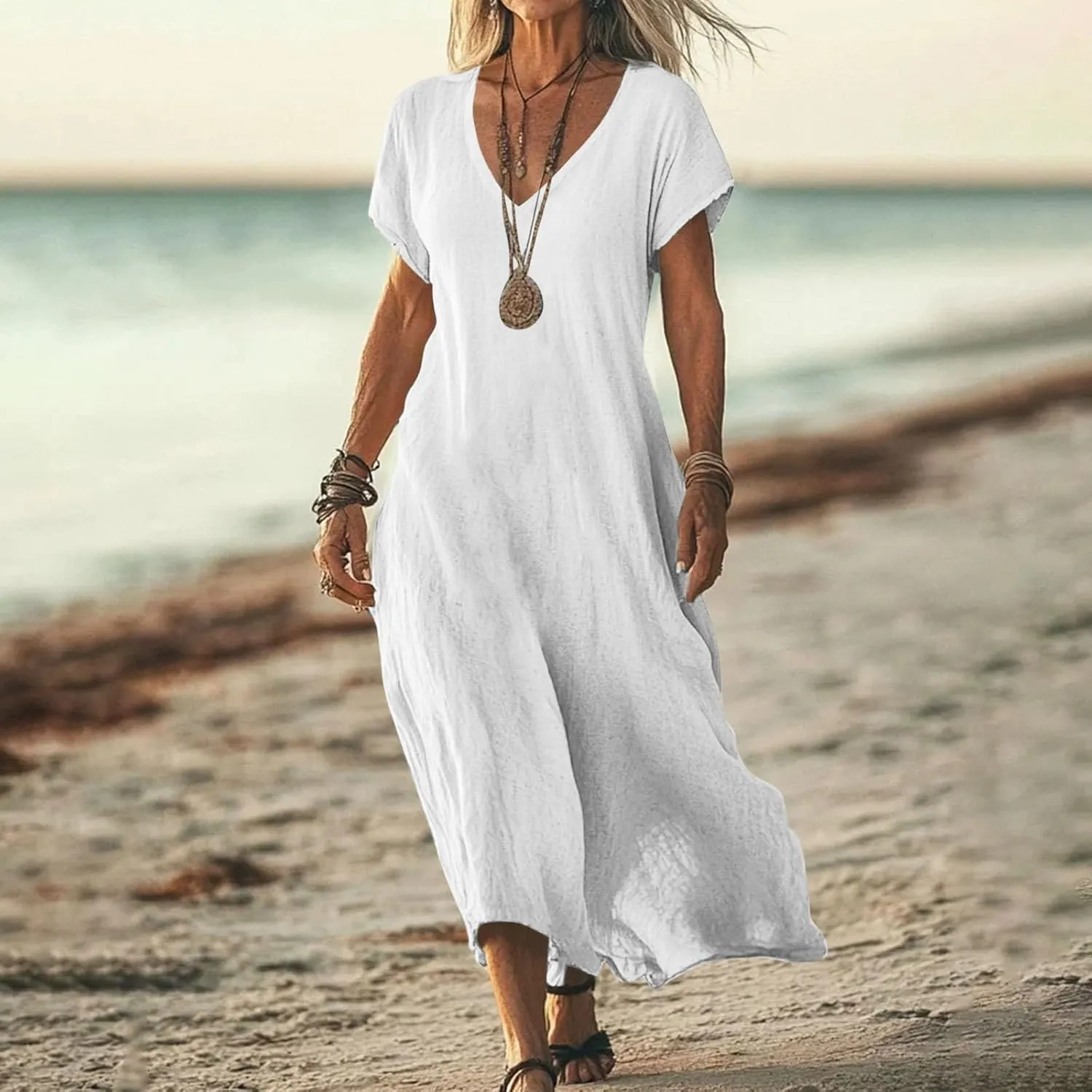 Linen Dresses for Women 2025 Casual Summer Short Sleeve V Neck Cotton Gauze Dress Flowy Vacation Beach Maxi Dress