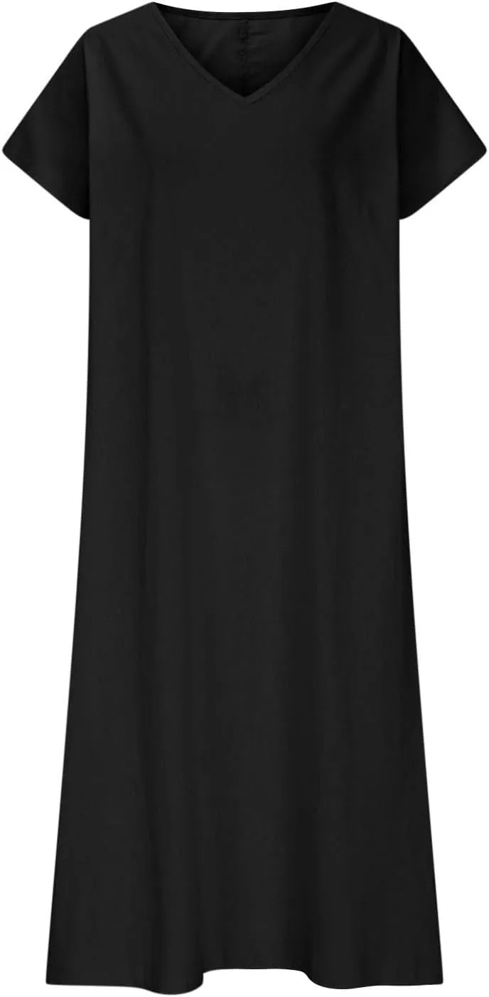 Linen Dresses for Women 2025 Casual Summer Short Sleeve V Neck Cotton Gauze Dress Flowy Vacation Beach Maxi Dress