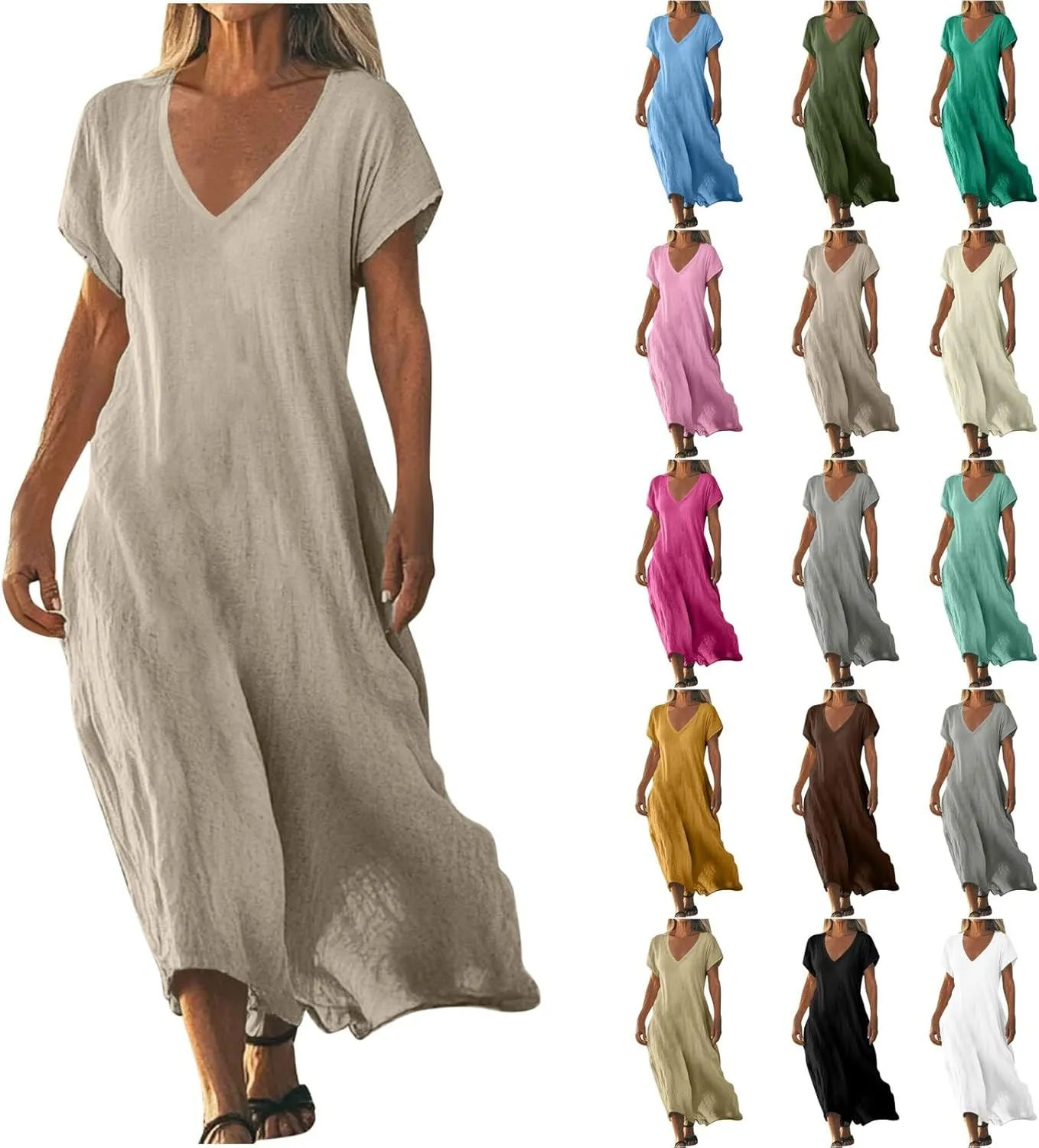 Linen Dresses for Women 2025 Casual Summer Short Sleeve V Neck Cotton Gauze Dress Flowy Vacation Beach Maxi Dress