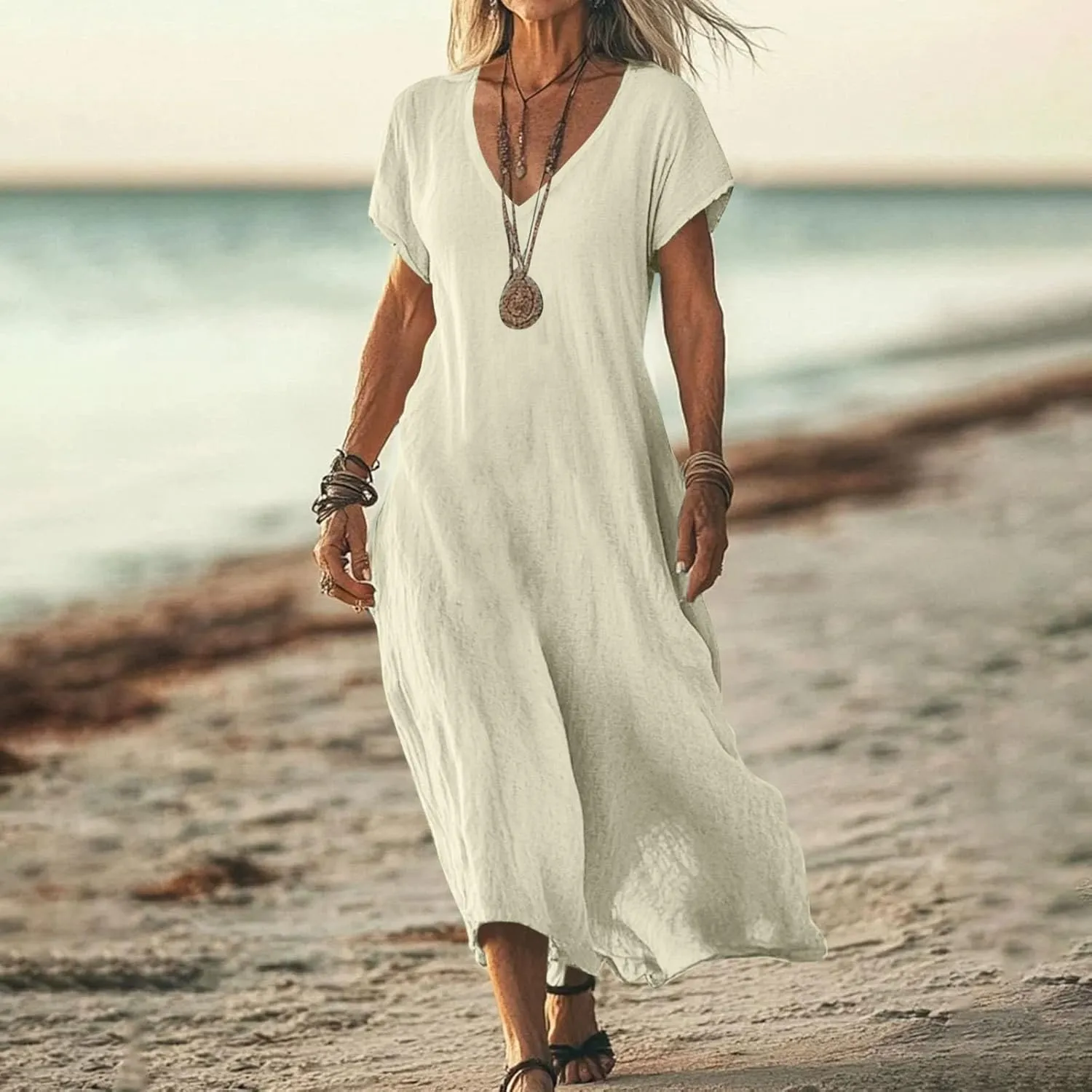 Linen Dresses for Women 2025 Casual Summer Short Sleeve V Neck Cotton Gauze Dress Flowy Vacation Beach Maxi Dress