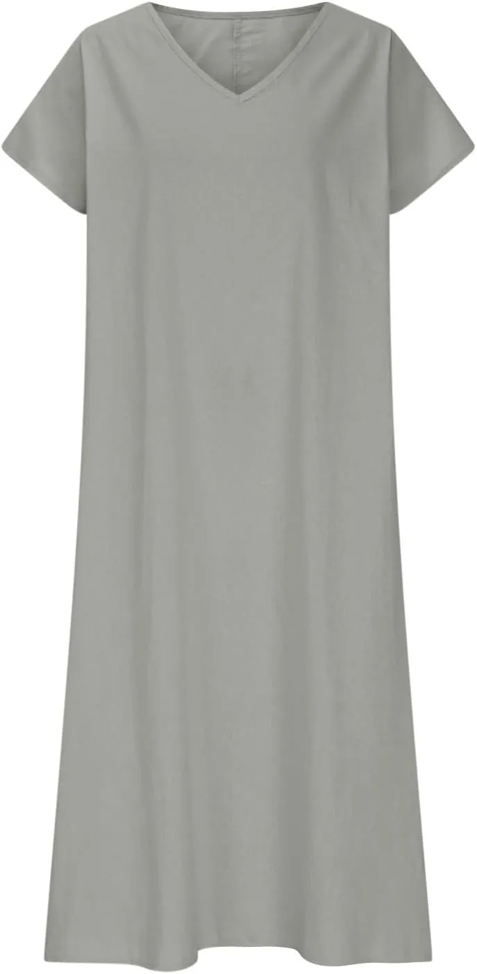 Linen Dresses for Women 2025 Casual Summer Short Sleeve V Neck Cotton Gauze Dress Flowy Vacation Beach Maxi Dress