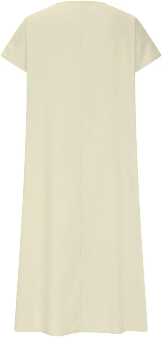 Linen Dresses for Women 2025 Casual Summer Short Sleeve V Neck Cotton Gauze Dress Flowy Vacation Beach Maxi Dress