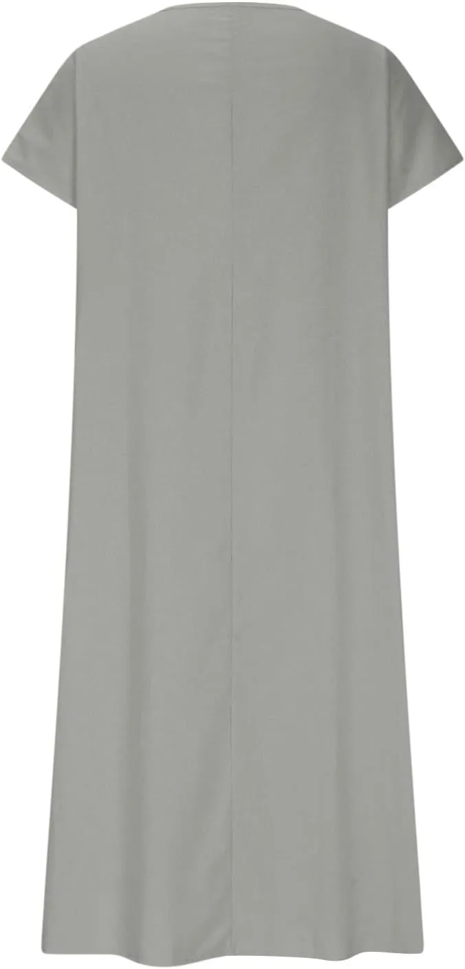 Linen Dresses for Women 2025 Casual Summer Short Sleeve V Neck Cotton Gauze Dress Flowy Vacation Beach Maxi Dress
