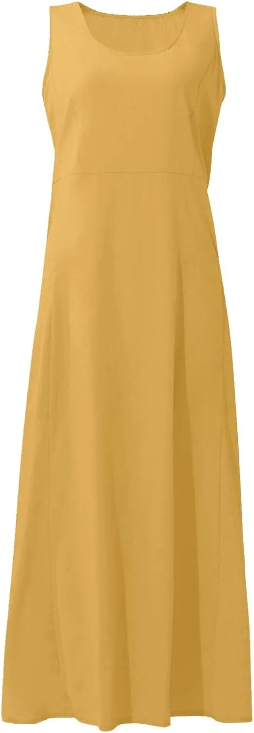 Linen Dresses for Women 2025 Casual Summer Sleeveless U Neck Flowy Maxi Dress Plus Size Boho Sundress with Pockets