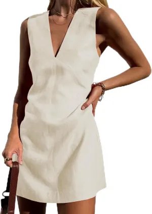 Linen Dresses for Women 2025 Summer Short V Neck Tank Dress Vacation A Line Beach Cover Up Mini Shift Dress