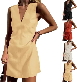 Linen Dresses for Women 2025 Summer Short V Neck Tank Dress Vacation A Line Beach Cover Up Mini Shift Dress