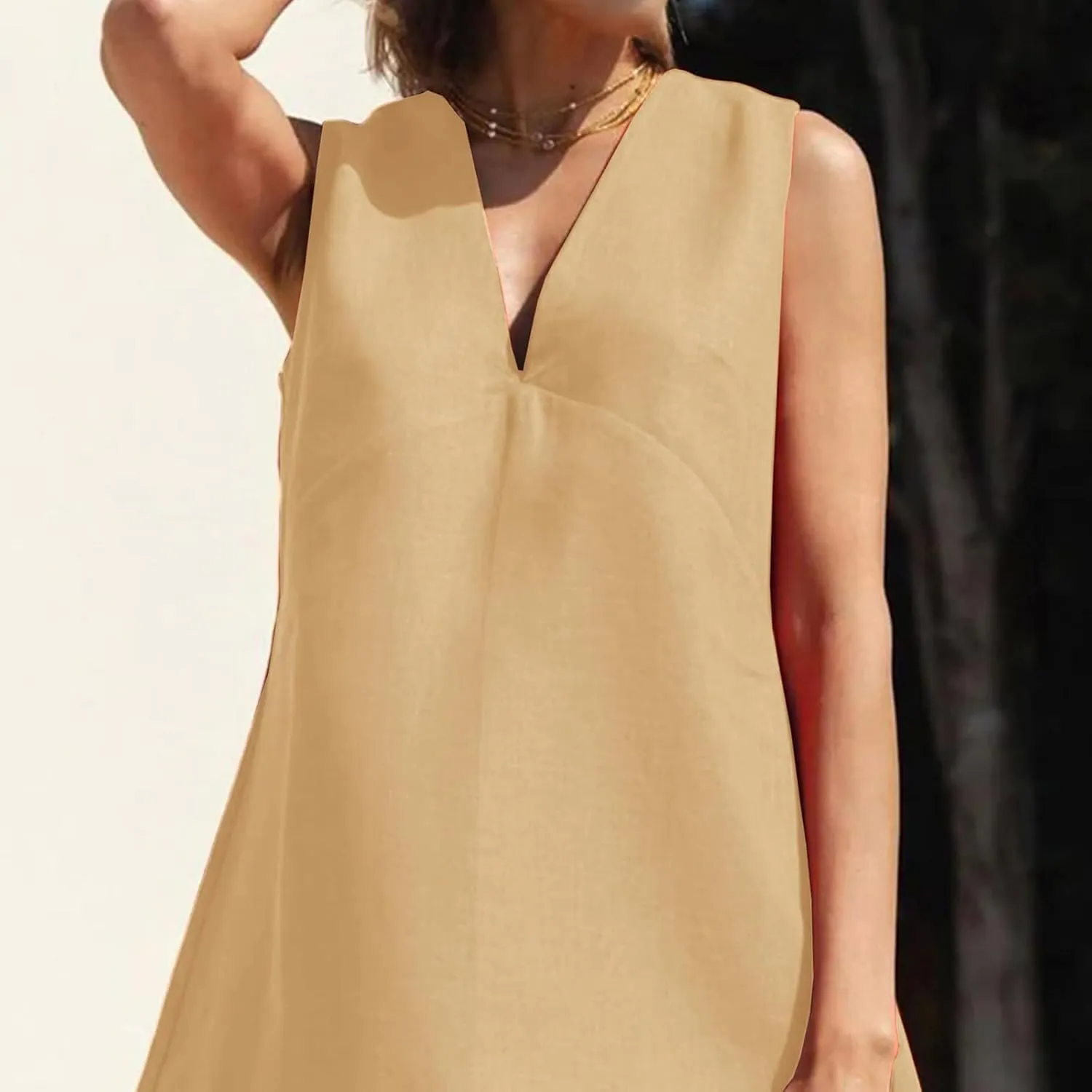Linen Dresses for Women 2025 Summer Short V Neck Tank Dress Vacation A Line Beach Cover Up Mini Shift Dress