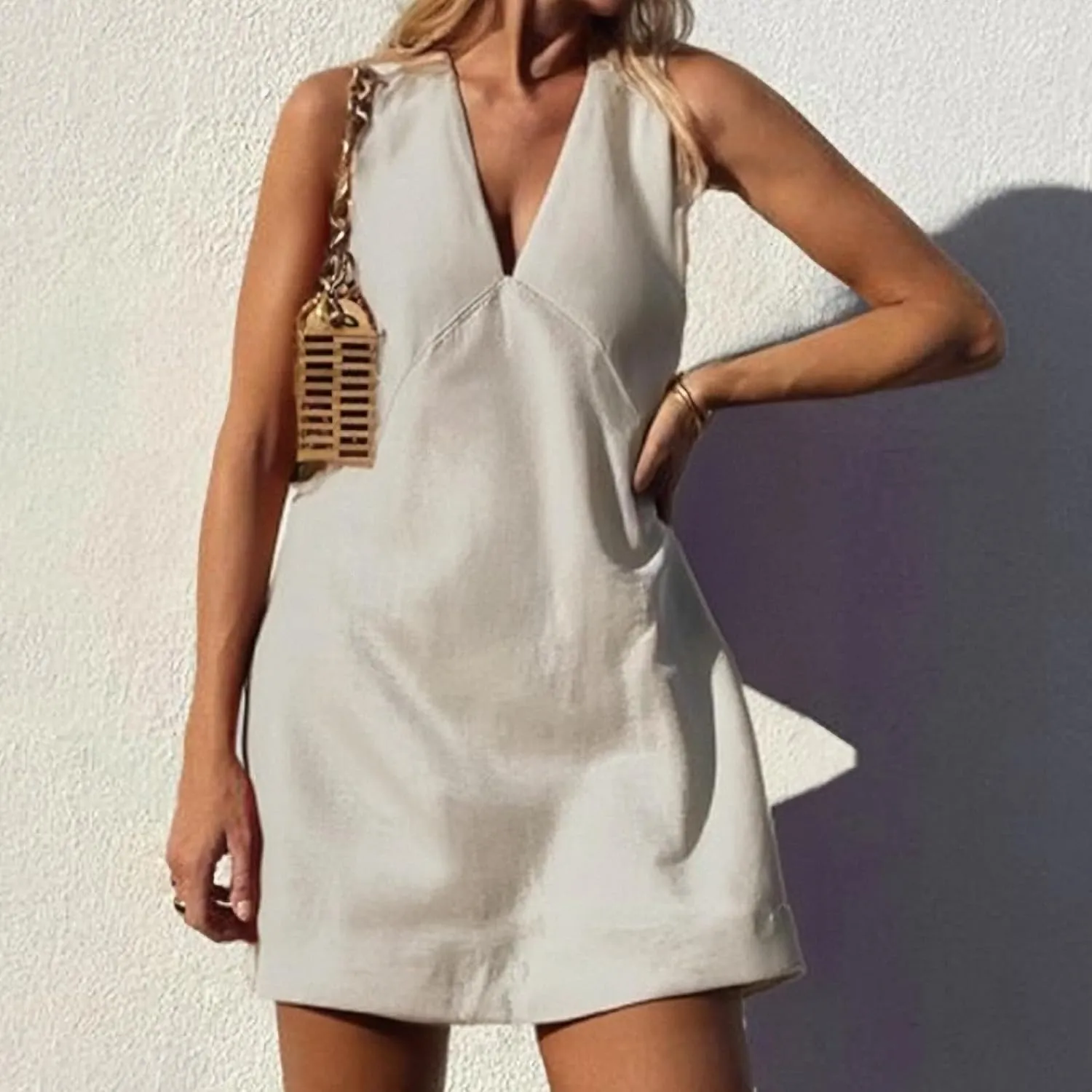 Linen Dresses for Women 2025 Summer Short V Neck Tank Dress Vacation A Line Beach Cover Up Mini Shift Dress