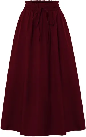 Linen Skirt Women Midi Summer Drawstring Elastic Waist Cotton Skirts Pleated A Line Knee Length Skirts with Pockets