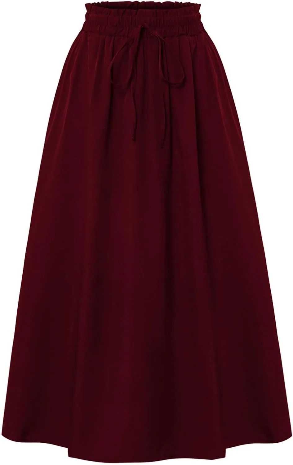Linen Skirt Women Midi Summer Drawstring Elastic Waist Cotton Skirts Pleated A Line Knee Length Skirts with Pockets