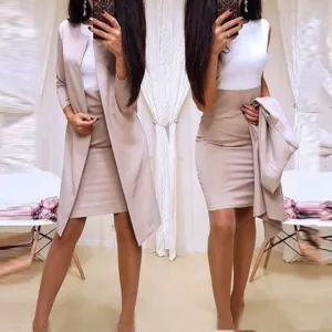 LIZAKOSHT  -  2Pcs Office Lady Autumn Solid Color Long Blazer Jacket Bodycon Mini Skirt Suit Perfect for office business formal perfect gifts