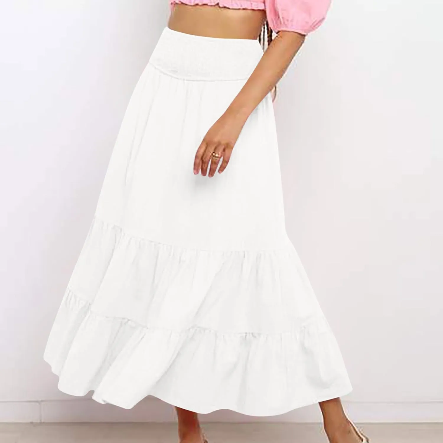 Lmdudan 2025 Women Summer Casual Elegant Smock Layered Tiered Maxi Skirt High Waisted A Line Flowy Long Skirts with Pockets