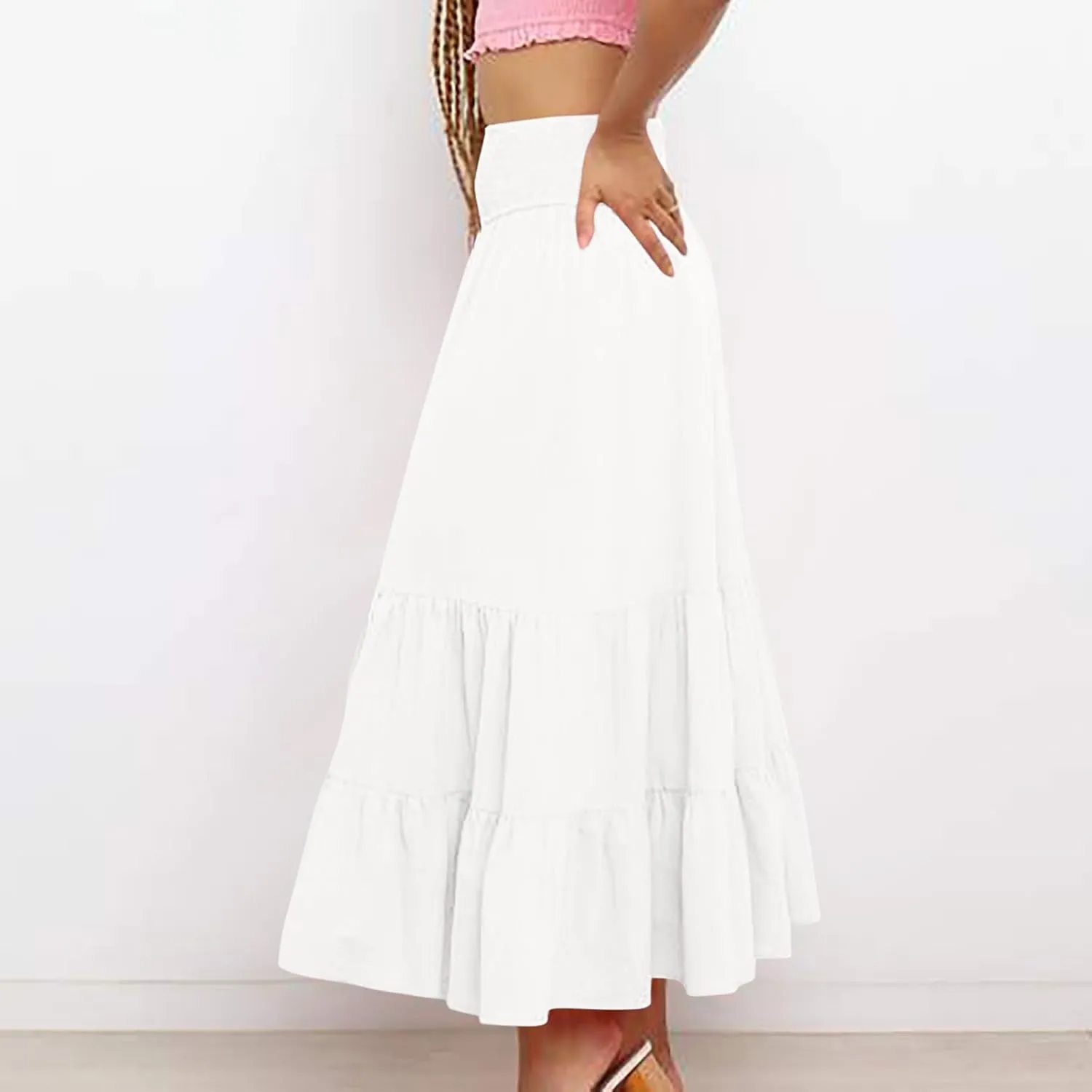 Lmdudan 2025 Women Summer Casual Elegant Smock Layered Tiered Maxi Skirt High Waisted A Line Flowy Long Skirts with Pockets