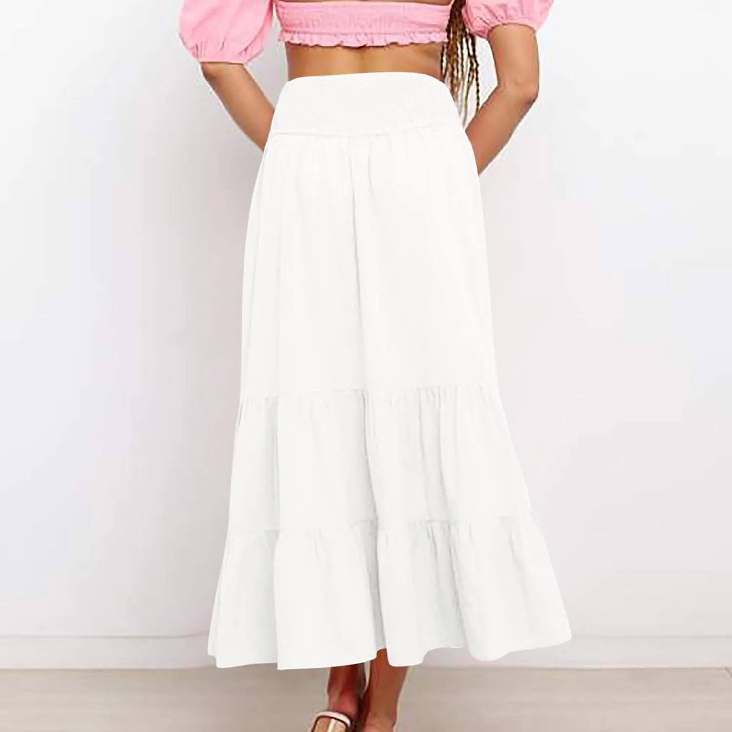 Lmdudan 2025 Women Summer Casual Elegant Smock Layered Tiered Maxi Skirt High Waisted A Line Flowy Long Skirts with Pockets