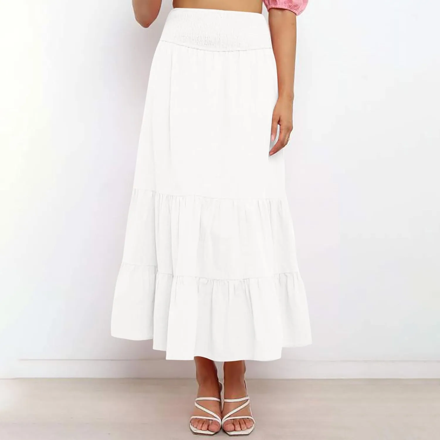 Lmdudan 2025 Women Summer Casual Elegant Smock Layered Tiered Maxi Skirt High Waisted A Line Flowy Long Skirts with Pockets
