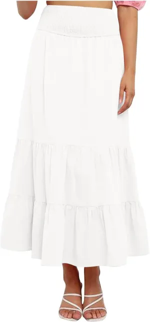 Lmdudan 2025 Women Summer Casual Elegant Smock Layered Tiered Maxi Skirt High Waisted A Line Flowy Long Skirts with Pockets