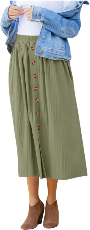 Lmdudan 2025 Womens Elegant Long Pleated Skirts Trendy Button Flowy Bohemian Skirt Elastic High Waisted Work Office Skirts