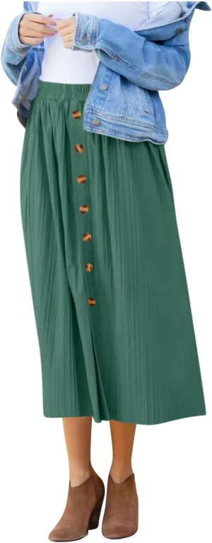 Lmdudan 2025 Womens Elegant Long Pleated Skirts Trendy Button Flowy Bohemian Skirt Elastic High Waisted Work Office Skirts
