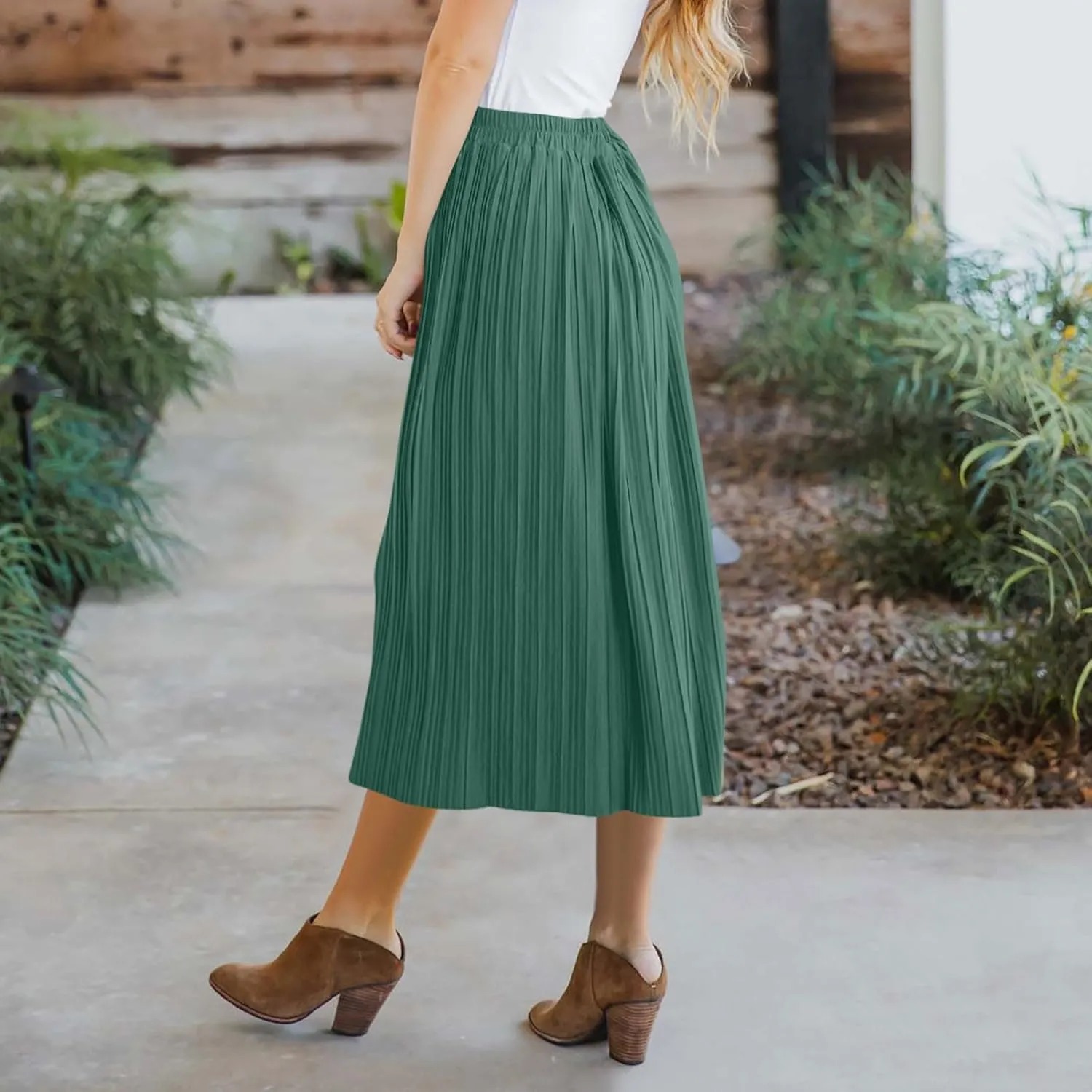 Lmdudan 2025 Womens Elegant Long Pleated Skirts Trendy Button Flowy Bohemian Skirt Elastic High Waisted Work Office Skirts