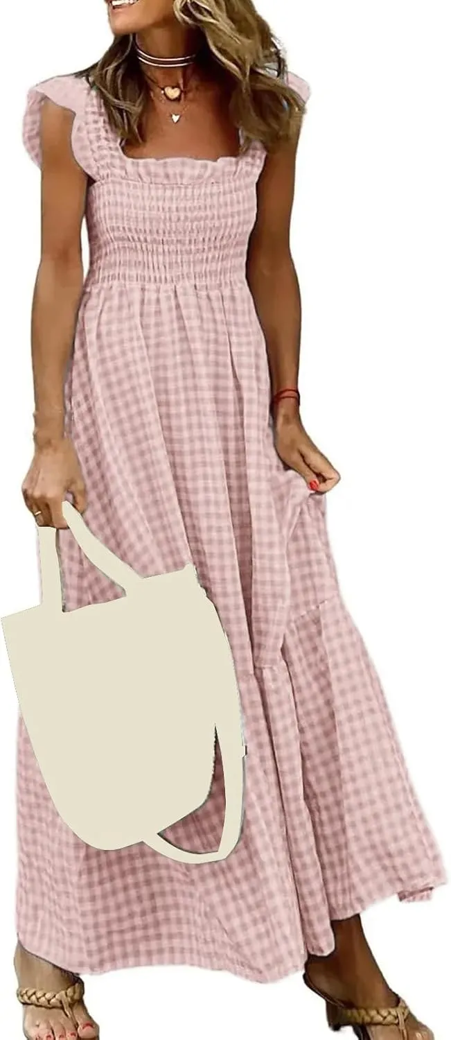 Long Dresses for Women Plaid Smocked Dress Sleeveless Spaghetti Strap Maxi Dresses A Line Tiered Flowy Beach Dress