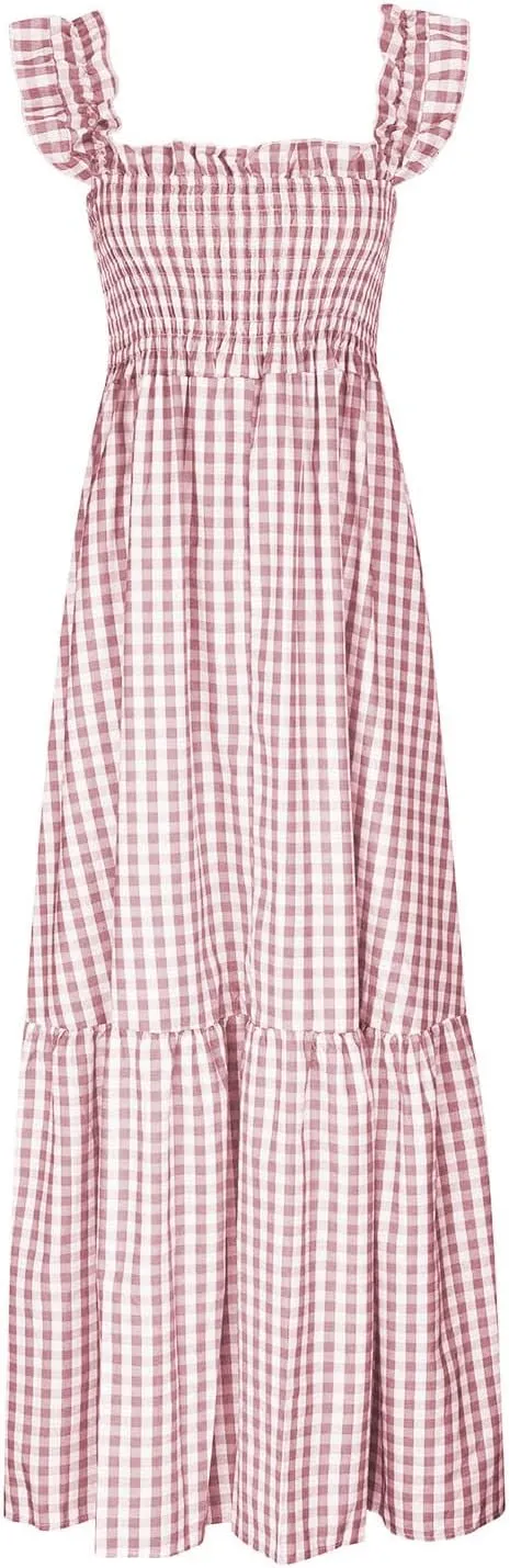 Long Dresses for Women Plaid Smocked Dress Sleeveless Spaghetti Strap Maxi Dresses A Line Tiered Flowy Beach Dress