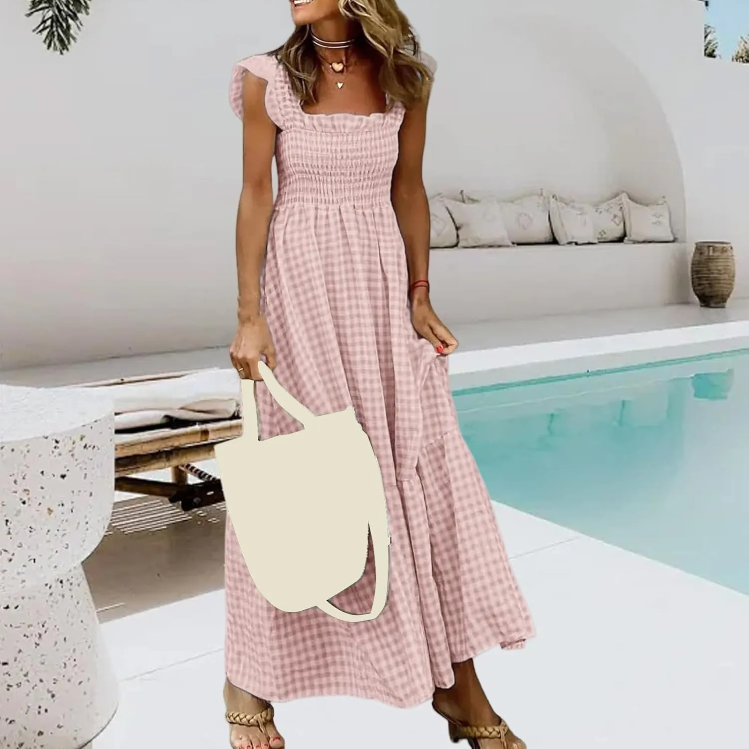 Long Dresses for Women Plaid Smocked Dress Sleeveless Spaghetti Strap Maxi Dresses A Line Tiered Flowy Beach Dress