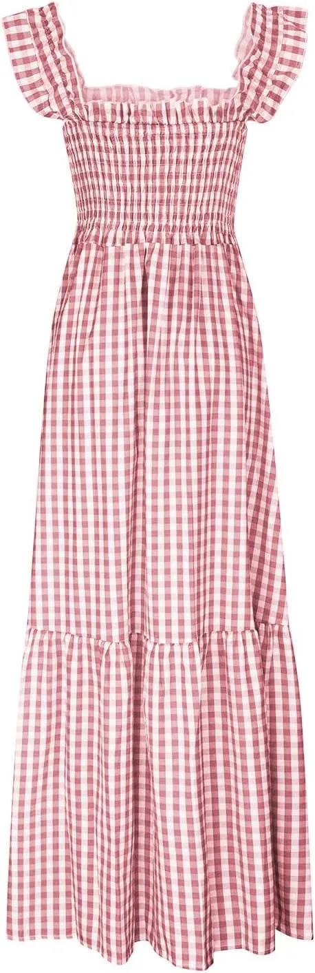 Long Dresses for Women Plaid Smocked Dress Sleeveless Spaghetti Strap Maxi Dresses A Line Tiered Flowy Beach Dress