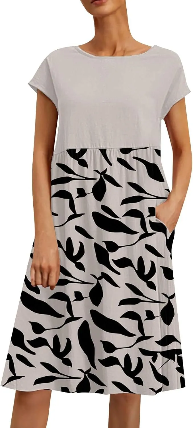 Long Floral Dresses for Women 2025 Elegant Short Sleeve Maxi Dress Patchwork Short Sleeve Modest Flowy A Line Dress