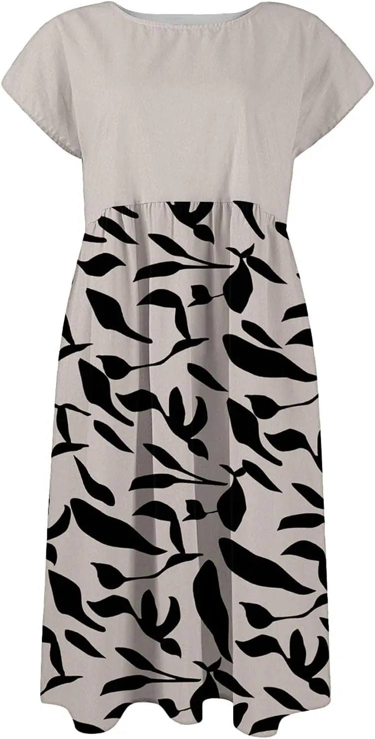 Long Floral Dresses for Women 2025 Elegant Short Sleeve Maxi Dress Patchwork Short Sleeve Modest Flowy A Line Dress