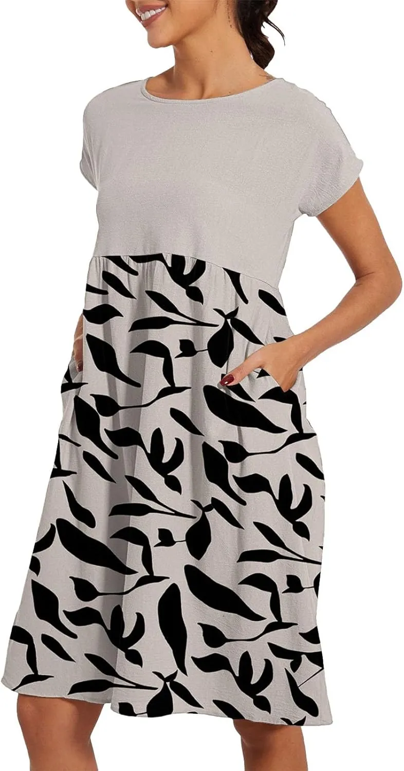 Long Floral Dresses for Women 2025 Elegant Short Sleeve Maxi Dress Patchwork Short Sleeve Modest Flowy A Line Dress