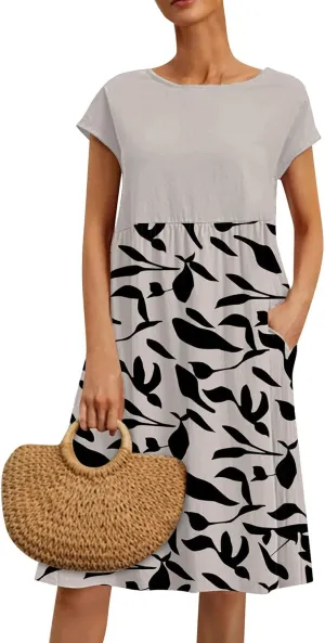 Long Floral Dresses for Women 2025 Elegant Short Sleeve Maxi Dress Patchwork Short Sleeve Modest Flowy A Line Dress