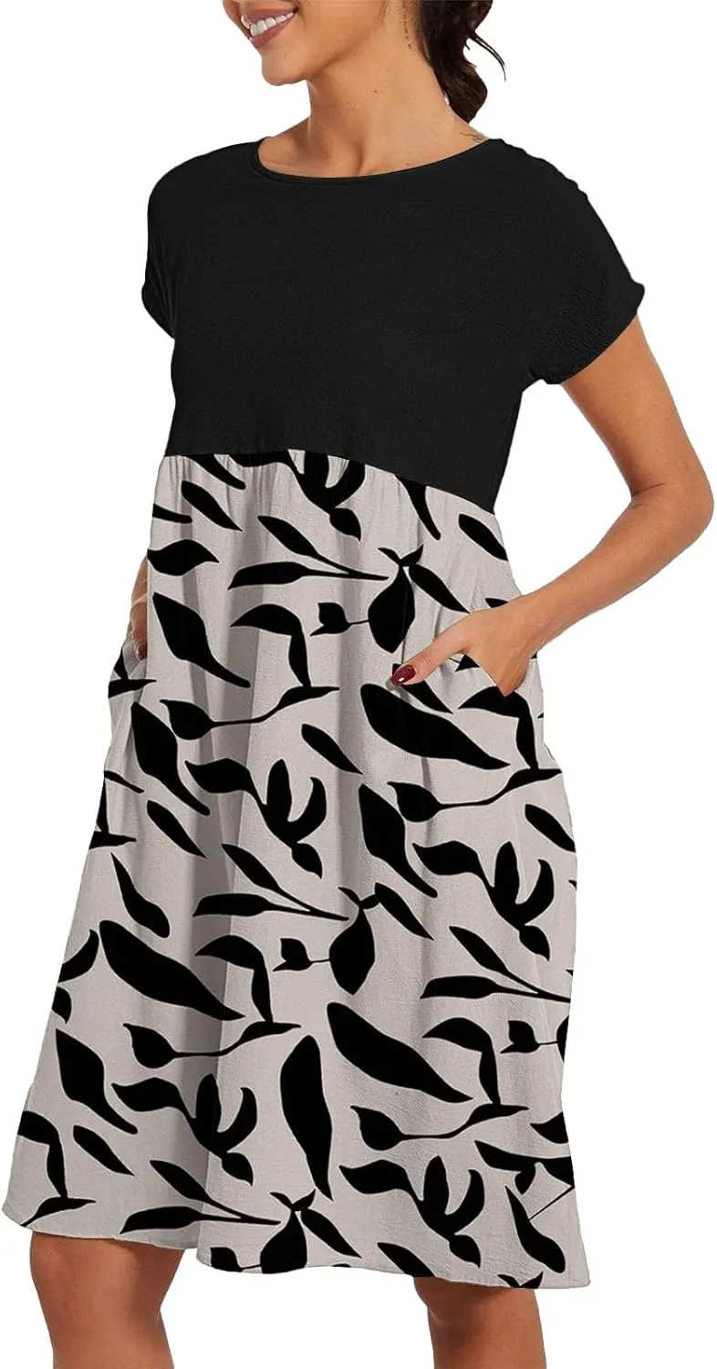 Long Floral Dresses for Women 2025 Elegant Short Sleeve Maxi Dress Patchwork Short Sleeve Modest Flowy A Line Dress