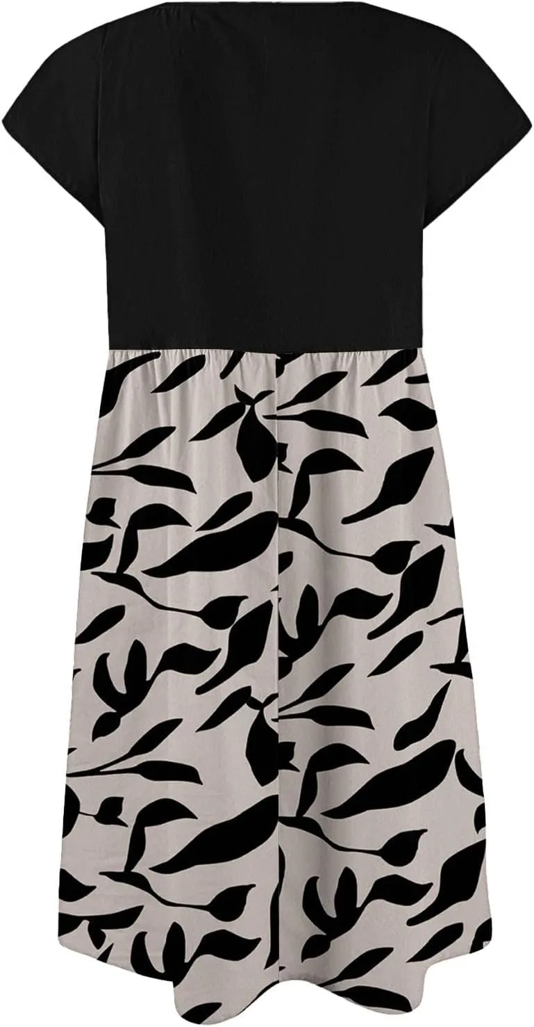 Long Floral Dresses for Women 2025 Elegant Short Sleeve Maxi Dress Patchwork Short Sleeve Modest Flowy A Line Dress