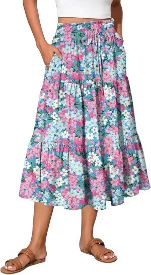 Long Floral Skirts for Women Trendy Going Out Casual Peasant Floral Travel Flowy Country Elastic Waist Beach Flutter Skirts