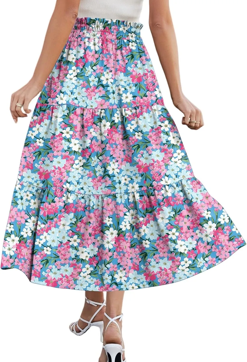 Long Floral Skirts for Women Trendy Going Out Casual Peasant Floral Travel Flowy Country Elastic Waist Beach Flutter Skirts